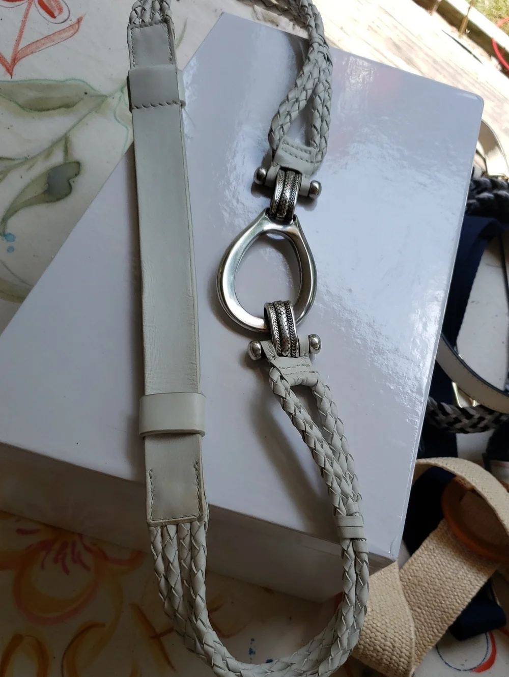 White Braided Leather Belt with Silver Hardware 38